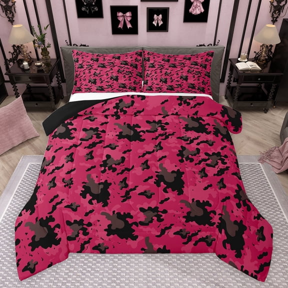 jejeloiu Pink Black Brown Queen Comforter Set,Farmhouse Camouflage Hunting Bedding Sets,Retro Rustic Camo Bedding Comforter Set For Adult,Breathable Home Decor Reversible,3pcs