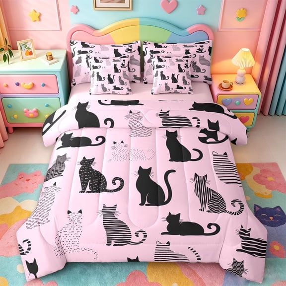 jejeloiu Pink Black Cat Silhouette Pattern 7-Piece Twin Bedding Sets Kids,Cute Kitten Print Bedding Comforter Set,Reversible