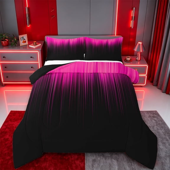 jejeloiu Pink Black Ombre Queen Comforter Set For Girls,Modern Geometric Design Bedding Comforter Set For Kids,Reversible,3pcs