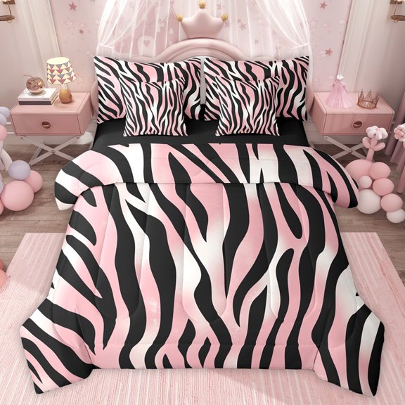 jejeloiu Pink Black Stripes 7-Piece Twin Bedding Sets,Jungle Zebra Striped Bedding Comforter Set,Modern Abstract Aesthetic Sheet Sets For Girls Teens,Microfiber Bedroom Decor Reversible