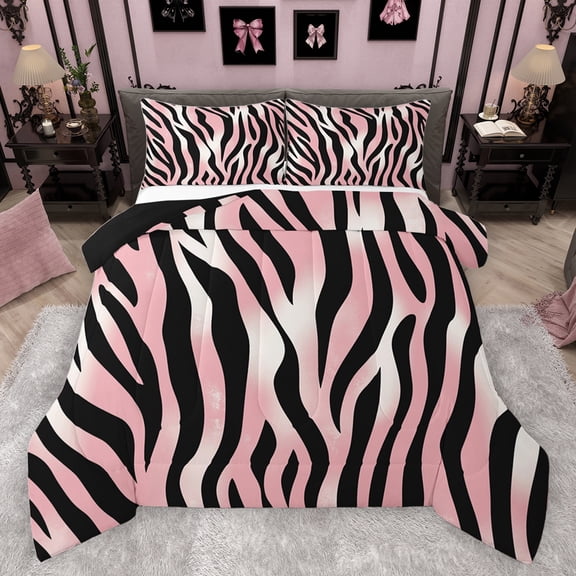 jejeloiu Pink Black Stripes Bedding Comforter Set,Jungle Zebra Striped Twin Comforter Sets,Modern Abstract Aesthetic Bedding Set For Girls Teens,Microfiber Bedroom Decor Reversible,2pcs