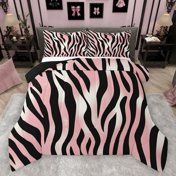jejeloiu Pink Black Stripes Queen Comforter Set,Jungle Zebra Striped Bedding Sets,Modern Abstract Aesthetic Bedding Comforter Set For Girls Teens,Microfiber Bedroom Decor Reversible,3 Pieces