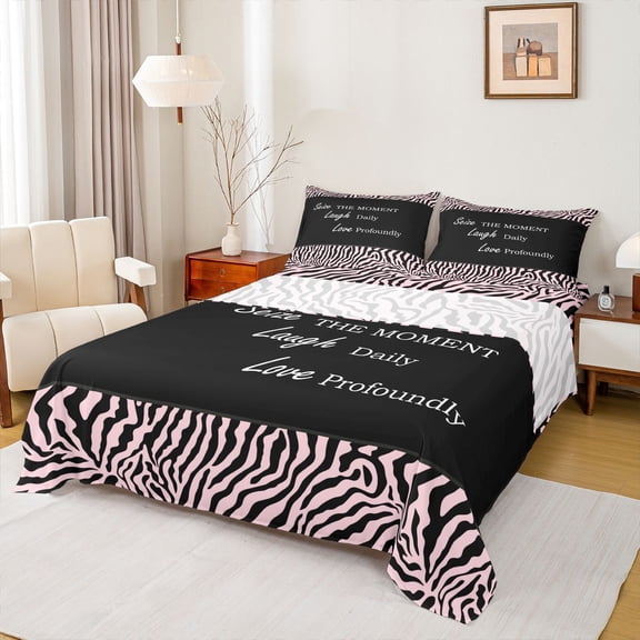 jejeloiu Pink Black Stripes Queen Sheet Sets,Inspirational Quote Flat Sheet,Wild Animal Stripe Queen Fitted Sheet For Teens,Super Cozy Room Decor,4pcs