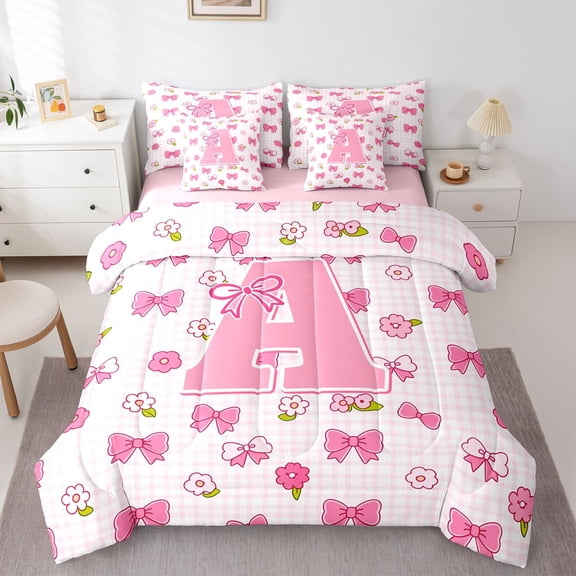 jejeloiu Pink Bow Monogram A 7pcs Bedding Comforter Set For Girls,Cute Flower Accent Initial Queen Bedding Sets For Kids,Pink Reversible