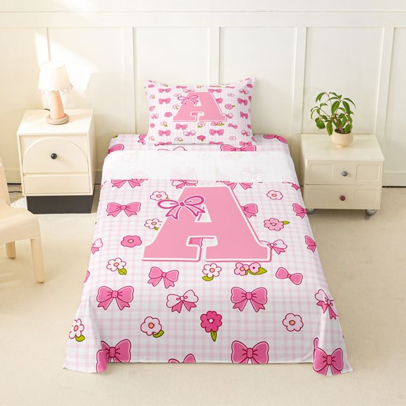 jejeloiu Pink Bow Monogram A Twin Sheet Sets For Girls,Cute Flower Accent Initial Bedding For Kids,3-Piece