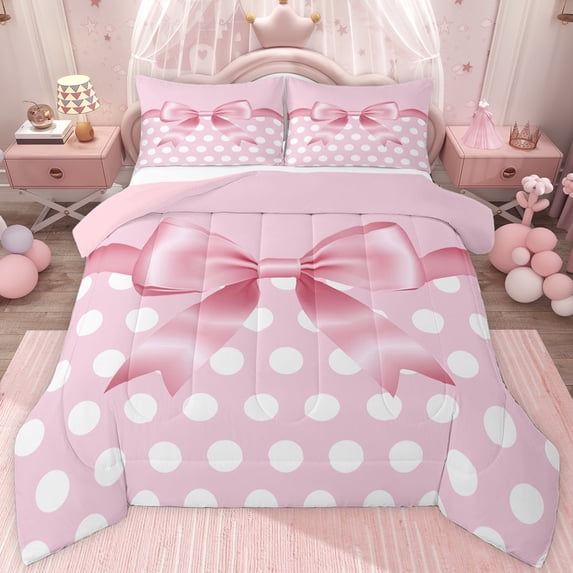 jejeloiu Pink Bow Tie Queen Comforter Set,Cartoon Circle Dot Bedding Comforter Set For Girl Teens Reversible 3 Pieces