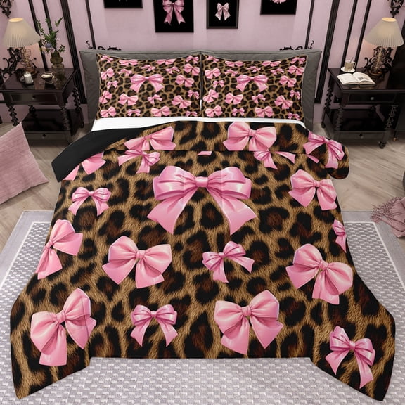 jejeloiu Pink Bow Tie Queen Comforter Set,Chic Leopard Print Bedding Comforter Set For Girls Reversible 3 Pieces
