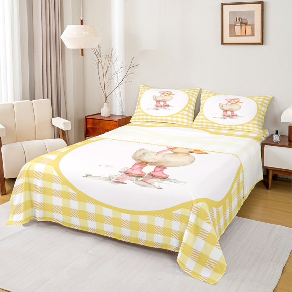jejeloiu Pink Bow Tie Queen Sheet Sets,Rustic Farmhouse Duck Flat Sheet,Yellow Plaid Checkered Queen Fitted Sheet For Teens,Super Cozy Room Decor,4 Pieces