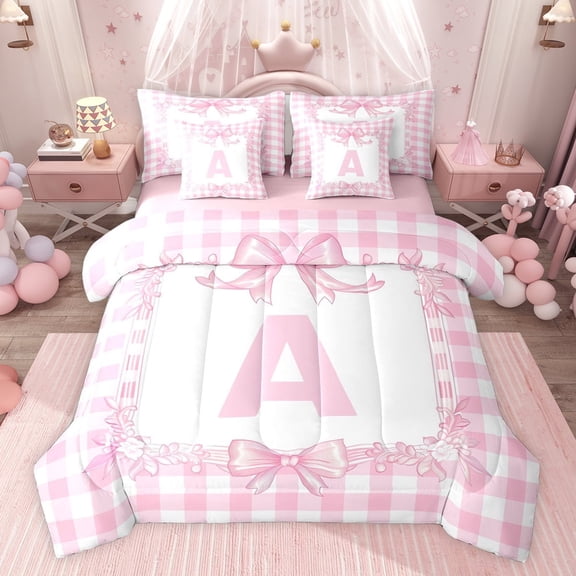 jejeloiu Pink Bowknot 7-Piece Twin Bedding Sets,Letter A Monogrammed Bedding Comforter Set For Girls Kids Reversible