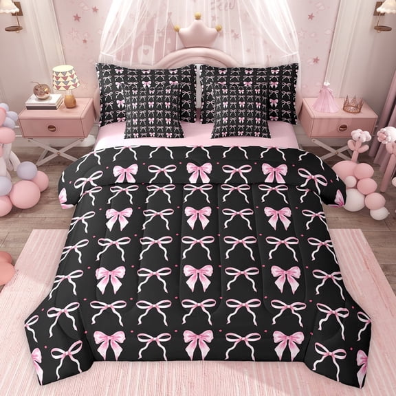 jejeloiu Pink Bowknot 7-Piece Twin Bedding Sets,Ribbon Bow Tie Bedding Comforter Set For Girls Kids Reversible