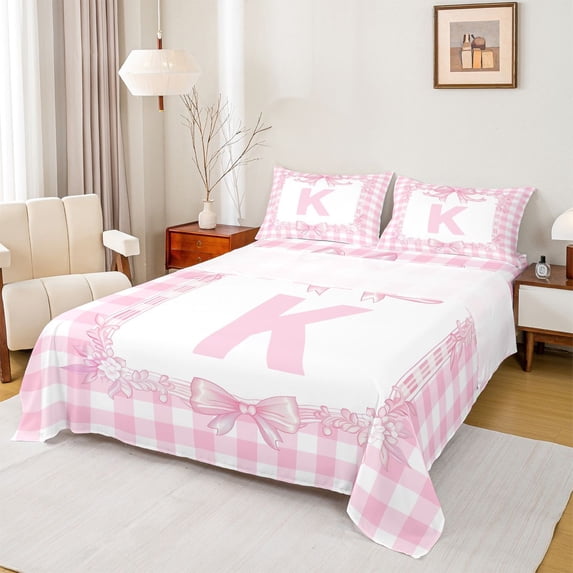 jejeloiu Pink Bowknot Bed Sheets,Letter K Monogrammed King Sheets For Girls Kids 4pcs