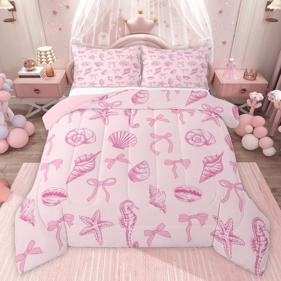 jejeloiu Pink Bowknot Bow Queen Comforter Set,Cute Bowtie Ribbon Bedding Comforter Set For Girls Women Reversible 3pcs