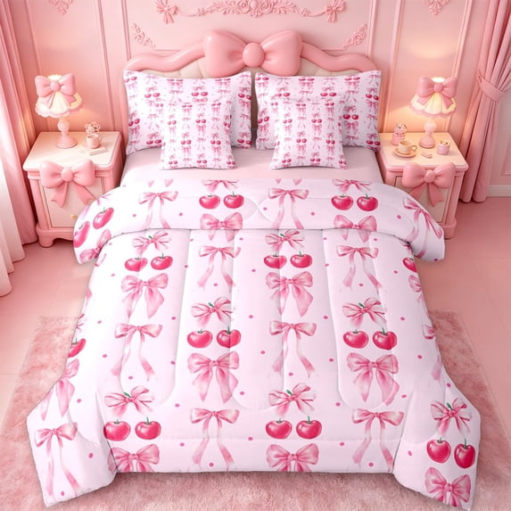 jejeloiu Pink Bowknot Cherries 7-Piece Twin Bedding Sets,Geometric Polka Dots Bedding Comforter Set For Girls Women Reversible