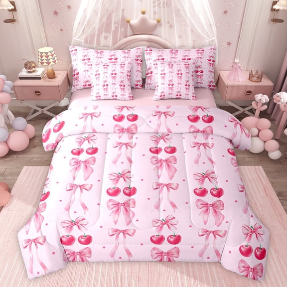 jejeloiu Pink Bowknot Cherries 7pcs Bedding Comforter Set,Geometric Polka Dots Queen Bedding Sets For Girls Women Reversible