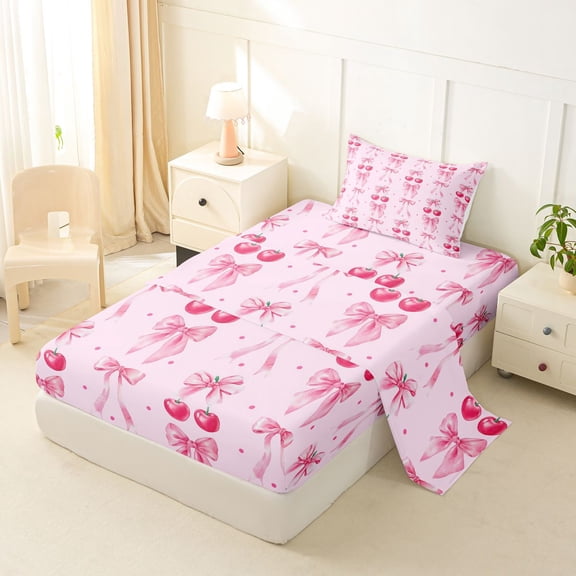 jejeloiu Pink Bowknot Cherries Twin Sheet Sets,Geometric Polka Dots Bedding For Girls Women 3pcs