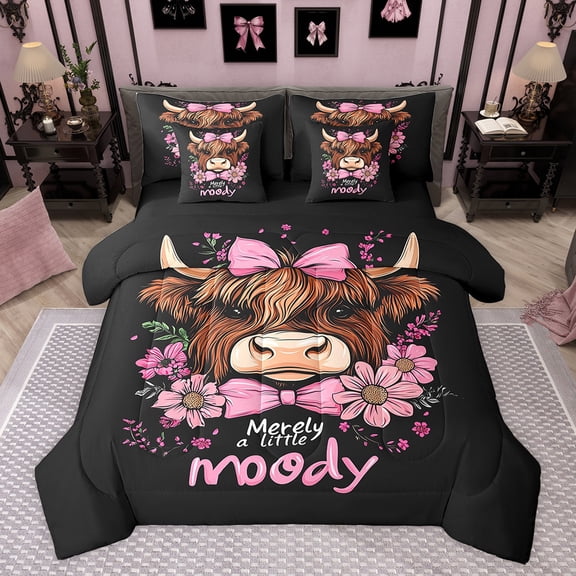 jejeloiu Pink Bowknot Daisy 7-Piece Twin Bedding Sets,Cute Highland Cow Bedding Comforter Set,Country Farm Animal Sheet Sets For Girls Kids,Luxury Bedroom Decor Reversible