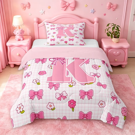 jejeloiu Pink Bowknot Monogram K Twin Comforter Sets For Girls,Cute Floral Accent Initial Bedding Set For Kids,Pink Reversible,2 Pieces