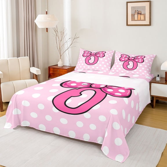 jejeloiu Pink Bowknot Monogram O Bed Sheets For Girls,Modern Abstract Geometric Circle Print Kids King Sheets,4pcs