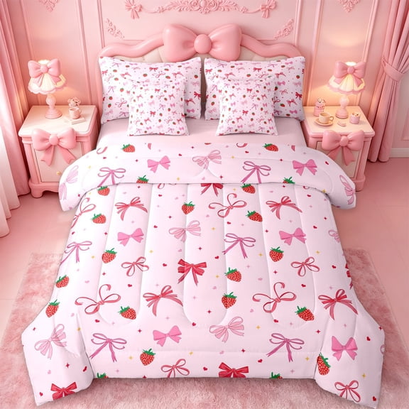 jejeloiu Pink Bowknot Ribbon 7pcs Bedding Comforter Set,Cute Strawberry Queen Bedding Sets Girls Reversible