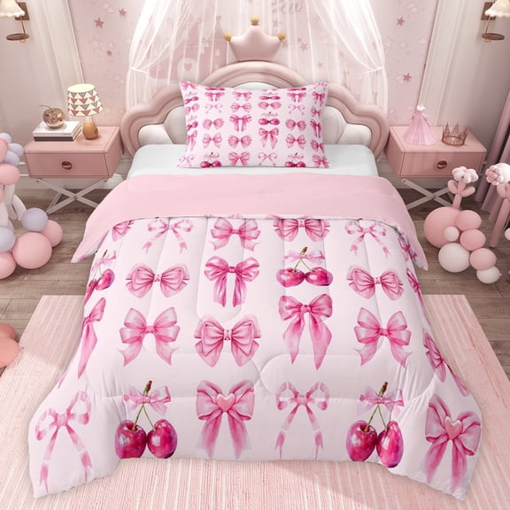 jejeloiu Pink Bowknot Twin Comforter Sets,Kawaii Cherry Bedding Set For Bow Girls Reversible 2-Piece