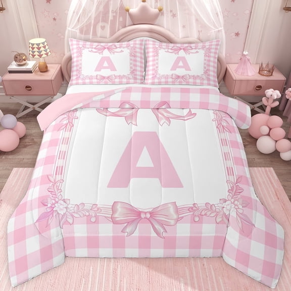 jejeloiu Pink Bowknot Twin Comforter Sets,Letter A Monogrammed Bedding Set For Girls Kids Reversible 2 Pieces