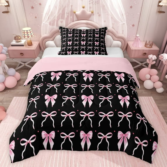 jejeloiu Pink Bowknot Twin Comforter Sets,Ribbon Bow Tie Bedding Set For Girls Kids Reversible 2pcs
