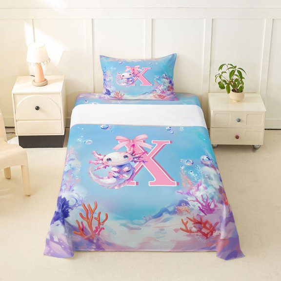 jejeloiu Pink Bowknot Twin Sheet Sets For Girls,Cute Axolotl Monogram X Bedding For Kids,3 Pieces