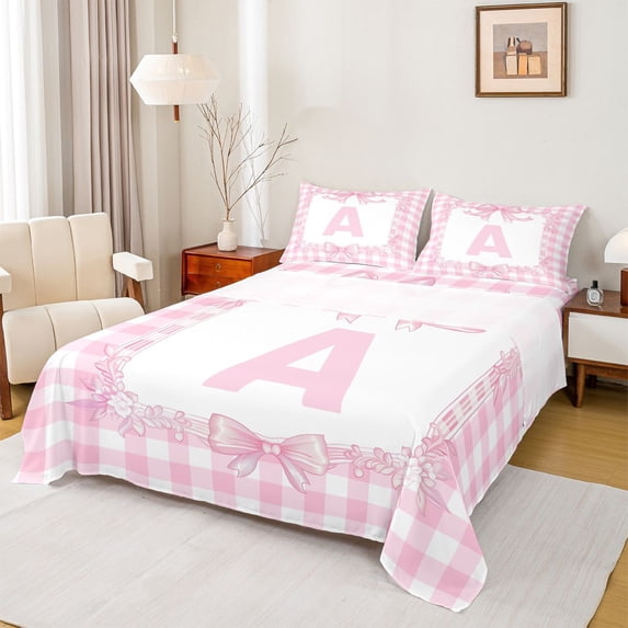 jejeloiu Pink Bowknot Twin Sheet Sets,Letter A Monogrammed Bedding For Girls Kids 3 Pieces