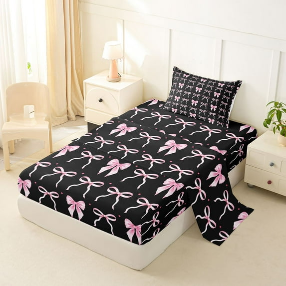 jejeloiu Pink Bowknot Twin Sheet Sets,Ribbon Bow Tie Bedding For Girls Kids 3pcs