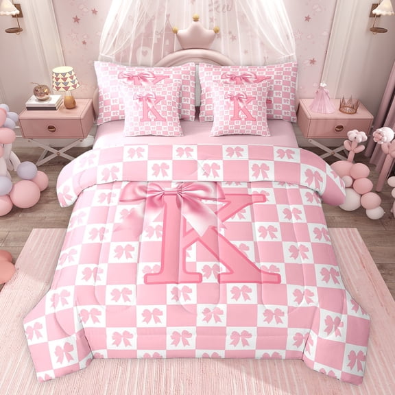 jejeloiu Pink Bows 7pcs Bedding Comforter Set,Letter K Monogrammed Queen Bedding Sets For Girls Kids Reversible