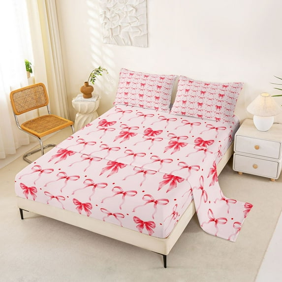 jejeloiu Pink Bows Queen Sheet Sets,Cartoon Bowknot Bed Set For Bowie Lover 4pcs