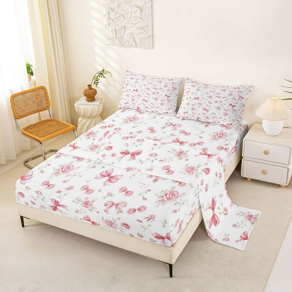 jejeloiu Pink Bows Queen Sheet Sets,Cute Flowers Floral Bed Set For Girls 4pcs