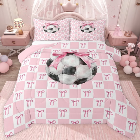 jejeloiu Pink Bows Twin Comforter Sets,Kids Football Game Bedding Set For Girls Boys Reversible 2pcs