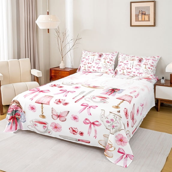 jejeloiu Pink Bowtie Ribbon Twin Sheet Sets,Romantic Valentine Gifts Twin Fitted Sheet,Butterfly Flower Pattern Flat Sheet For Girls,Microfiber Bedroom Decor,3-Piece