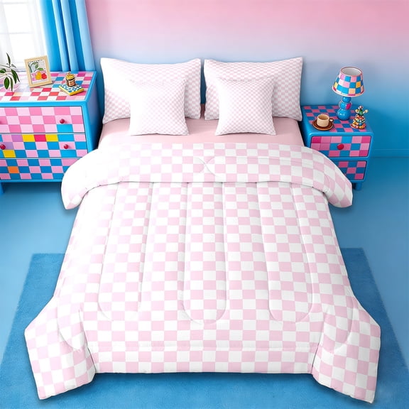 jejeloiu Pink Buffalo Twin Bedding Sets,7-Piece,Geometric Geometric Bedding Comforter Set,Minimalism Artwork Sheet Sets For Children,Ultra Soft Bedroom Decorative Reversible