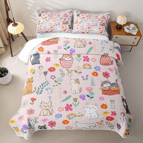 jejeloiu Pink Cat Colorful Floral Quilt King Kids,Sweet Garden Kitten Cartoon King Coverlet Set For Girls,3-Piece