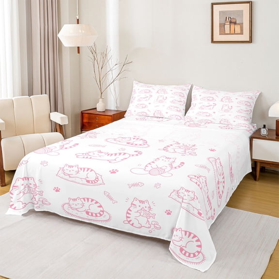 jejeloiu Pink Cat Pattern Full Size Sheets Kids,Girly Kitten Print Bed Sheets,4 Pieces