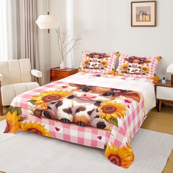 jejeloiu Pink Checkered Highland Cow Full Size Sheets Kids,Girly Farm Print Bed Sheets,4-Piece