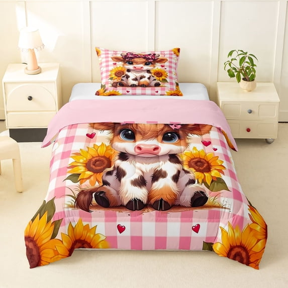 jejeloiu Pink Checkered Highland Cow Twin Comforter Sets Kids,Girly Farm Print Bedding Set,Reversible,2pcs