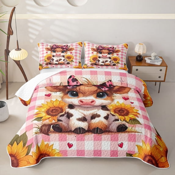 jejeloiu Pink Checkered Highland Cow Twin Quilt Set Kids,Girly Farm Print Twin Coverlet Set,2pcs