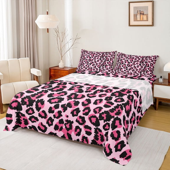 jejeloiu Pink Cheetan Pattern Bed Sheets,Safari Leopard Print King Sheets,Modern Aesthetic Desgin Sheet Set For Girls Kids,Breathable Home Decor,4-Piece