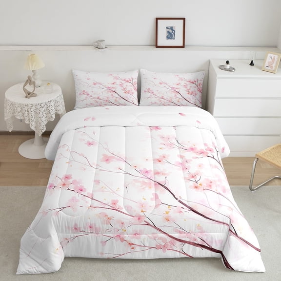 jejeloiu Pink Cherry Blossom Bedding Comforter Set,Natural Landscape Twin Comforter Sets,Pink White Bedding Set For Girls,Ultra Soft Room Decor Reversible,3pcs