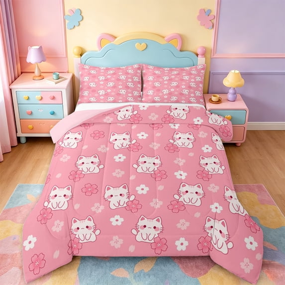 jejeloiu Pink Cherry Blossom Cat Pattern Full Size Comforter Sets Kids,Girly Print Bedding Sets,Reversible,3pcs
