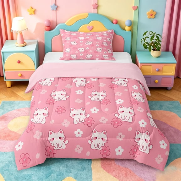 jejeloiu Pink Cherry Blossom Cat Pattern Twin Comforter Sets Kids,Girly Print Bedding Set,Reversible,2 Pieces
