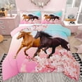 thumbnail image 1 of jejeloiu Pink Cherry Blossom Full Size Comforter Sets,Brown Black Horse Bedding Sets For Adults Reversible 3pcs, 1 of 8