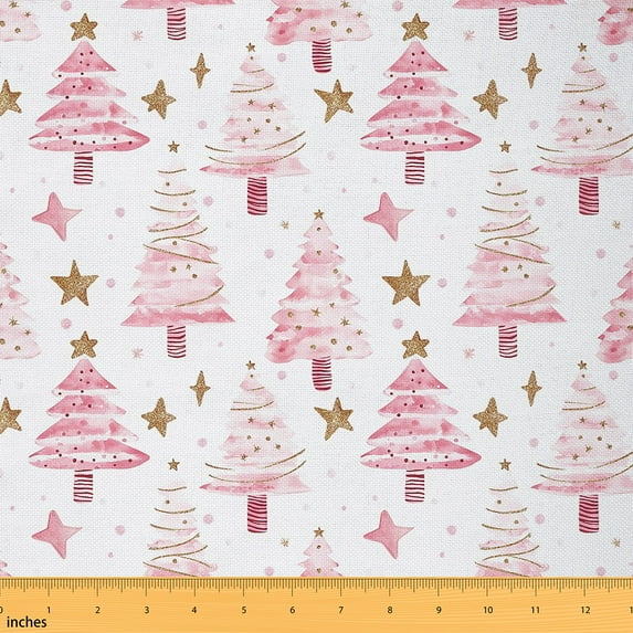 jejeloiu Pink Christmas Tree Fabric by the Yard 1 Yard,Gold Stars Home Decor Fabric by the Yard,Watercolor Graffiti Sewing Fabric For Teens,Microfiber Bedroom Decor