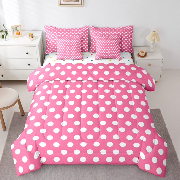 jejeloiu Pink Circular Dot Bedding Comforter Set 7 Pieces,Geometric Geometry Full Bedding Set,Minimalism Artwork Fitted Sheet Flat Sheet For Children,Ultra Soft Bedroom Decorative Reversible