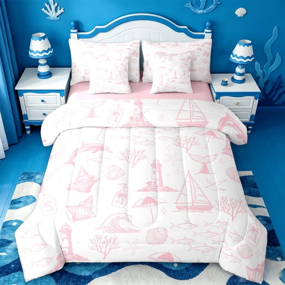jejeloiu Pink Coastal Sketch Pattern 7 Pieces Bedding Comforter Set Kids,Marine Navigation Theme Full Bedding Set For Girl,Reversible