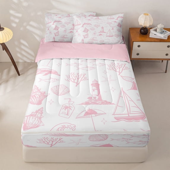 jejeloiu Pink Coastal Sketch Pattern Zipper Twin Comforter Sets with Fitted Sheet and 2 Pillowcases Kids,Marine Navigation Theme Zipper Bedding Set For Girl,Reversible,4-Piece