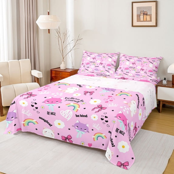 jejeloiu Pink Coquette Bow Full Size Sheets Kids,Cute Cartoon Cat Bed Sheets For Girls,4pcs